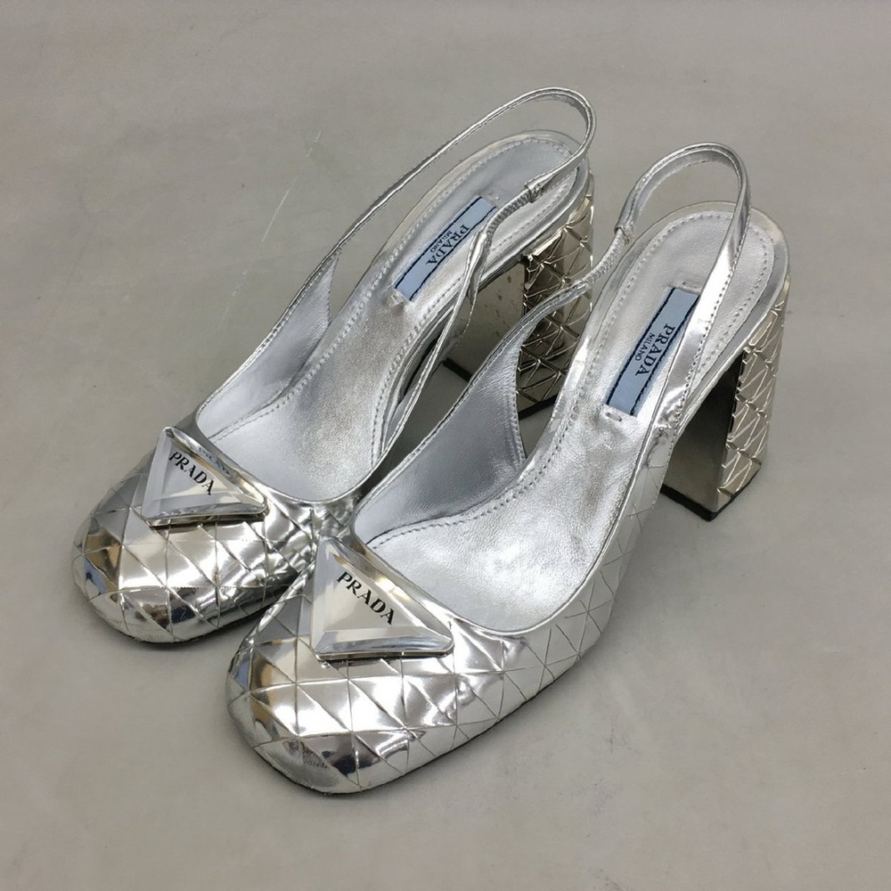 Prada Geometric Metallic Logo Triangle Pumps